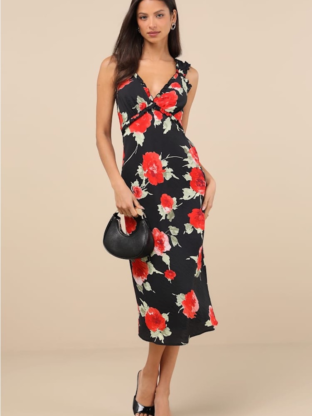 Lulu's Black Midi Dress with Bold Red Floral Print